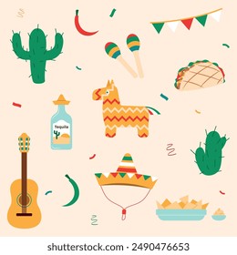 Big vector set of mexico elements in flat hand drawn style isolated on white background. Icons for fiesta, celebration, national patterns, decoration, traditional food. Traditional holiday fiesta food