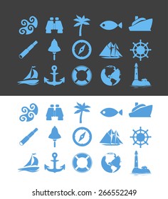Big Vector set of Nautical icons for Vacation and Travel on yacht or sailboat in blue color isolated on white and black background. Tools and Instruments for Journey