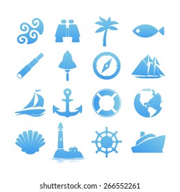 Big Vector set of Nautical icons for Vacation and Travel on yacht or sailboat in blue color isolated on white. Tools and Instruments for Journey