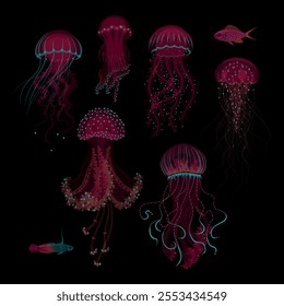 Big vector set of neon jellyfish