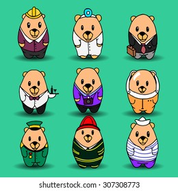Big vector set of nine cartoon bears, different professions. Doctor, engineer, businessman, astronaut, waiter, photographer, sailor, soldier, firefighter. Hand drawing characters for you design.