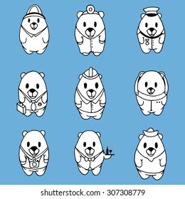 Big vector set of nine cartoon bears, different professions. Doctor, engineer, businessman, astronaut, waiter, photographer, sailor, soldier, firefighter.Characters for you design, prints and banners.