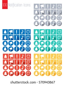 Big vector set of notification icons in flat style. Colorful notification icons with stylish long shadows. Vector collection of elements for user interface, web design and mobile applications.