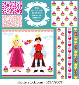 Big vector set of objects for the design of fabric, paper, wallpaper, and other things. Prince and Princess.