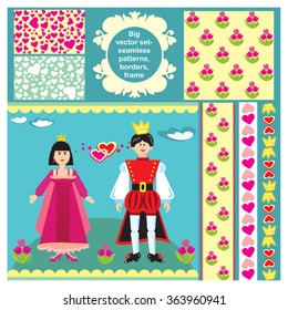 Big vector set of objects, seamless patterns, borders, frame for the design of fabric, paper, wallpaper, and other things. Asian prince and Princess.