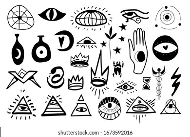 Big vector set. Occult mystic emblems, graphic design tattoo. Esoteric signs alchemy, decorative style. Transparent background