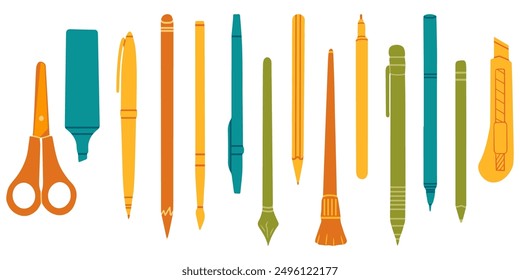 Big vector set of office supplies. Cute children's school supplies. Back to school. Flat illustration.