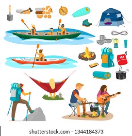 Big vector set on camping theme. Family kayaking, man hiking, couple near camp fire cooking soup and playing guitar, woman in hammock. Camping equipment.