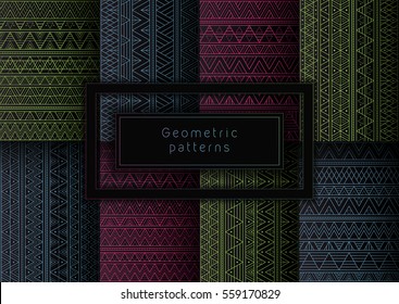 Big vector set of orderly and very detailed seamless ornamental abstract geometric stripes.