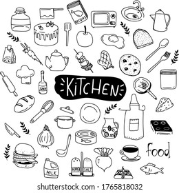 Big vector set package of doodle kitchen element