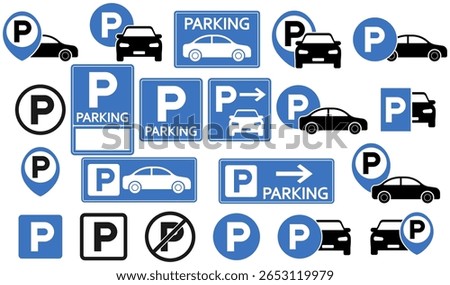 Big vector set of parking icons with cars, signs, and P symbols in blue and black, ideal for transport, navigation, and smart parking projects. Perfect for urban, automotive, and road signage visuals.