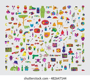 Big vector set of patches and stickers. Hand drawn. Fashion cute comic illustration. Pop-art style.