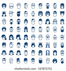 Big vector set of people avatars for social media or web site. Black and White, contours, outlines and lines Trendy icons collection for website and social net