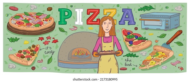 Big vector set of pizza, cook, restaurant, pizza oven. Hand drawn sketches. Isolated objects
