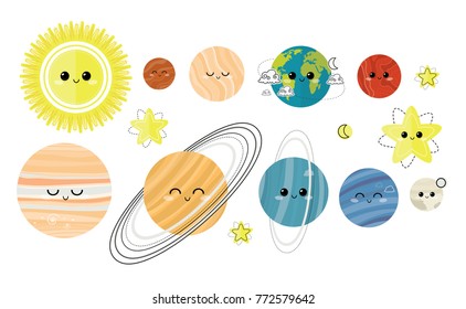Big vector set of  planets characters. Cartoon badges, cute  stickers. Patch or fashion pin badges. Solar system, space, universe.