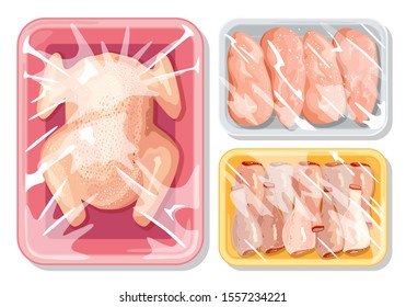 Gran vectorial con paquetes plásticos de carne, aves de corral para mantener los alimentos seguros. Pollo crudo, pollo entero fresco, pechos, cuáqueres de pierna, baquetas de tambor están en el revestimiento de la bandeja. Caricaturas en blanco.