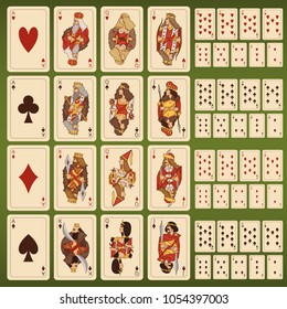 Big vector set of playing cards with stylized characters. King and queen card illustration