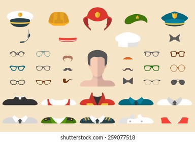 Big vector set of professions dress up constructor with different men occupation, glasses, mustache, wear in trendy flat style. Male icon creator.