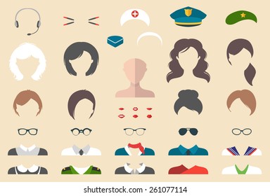 Big Vector Set Of Professions Dress Up Constructor With Different Woman Occupation, Glasses, Lips, Hairstyles, Hats, Wear In Trendy Flat Style. Female Professions Icon Creator.