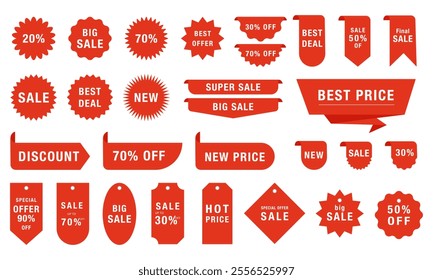 Big Vector set of promotional red labels and badges. Includes sale, discount, and special offer label collections. Vector illustration.