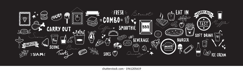 big vector set of restaurant and fast food bar items like chalk on black board, yammy words and decors for your design chalkboard, frame and white elements of cooking.