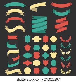 Big vector set of ribbons, laurels, wreathes, labels in  flat style.