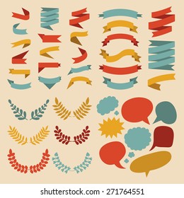 Big vector set of ribbons, laurels and speech bubbles in  flat style