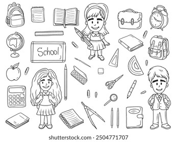 Big vector set with school equipment and students as a symbol for September beginning and going back to school. Hand drawn sketch illustration in doodle engraved vintage line art style. Map, scissors.