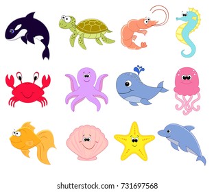 Big vector set of sea creatures.  Vector illustration. Underwater animals. Sea animals. Whale, dolphin, turtle, crab, jellyfish, seahorse, octopus, starfish, shellfish, shrimp, grampus.