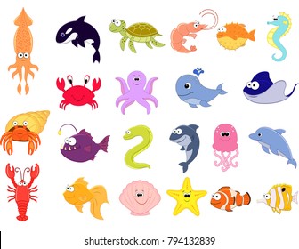 Big vector set of sea creatures. Cute cartoon animals. Vector illustration. Underwoter animals. Sea animals. Whale, dolphin, turtle, crab, jellyfish, seahorse, octopus, starfish, shellfish, shrimp.