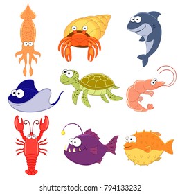 Big vector set of sea creatures. Cute cartoon animals. Vector illustration. Underwoter animals. Sea animals. Shark,  turtle, crab,lobster, stringray, squid.