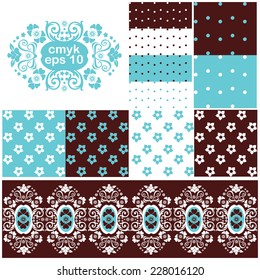 Big vector set of seamless backgrounds and borders of blue, brown,white color of  polka dots and floral themes.