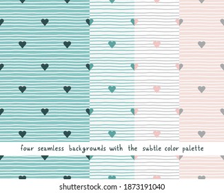 Big vector set with seamless patterns tidewater green and pale pink colors. Subtle delicate backgrounds or baby nursery bedroom.