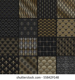 Big vector set of seamless patterns in art deco retro vintage style. Creative templates in style of 1920s. Vector illustration. EPS 10 