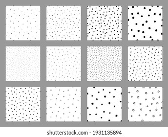 Big vector set of seamless textures: polka dots, sprinkle doodle, stars. Seamless patterns with black dots on white. Noise background set. Card templates.