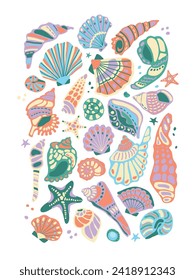 Gran conjunto vectorial de conchas marinas. Elementos aislados del mar multicolor. Criaturas marinas ornamentadas. Configurado para diseñar tarjetas, patrones, impresiones. Starfish, conchas, marea.