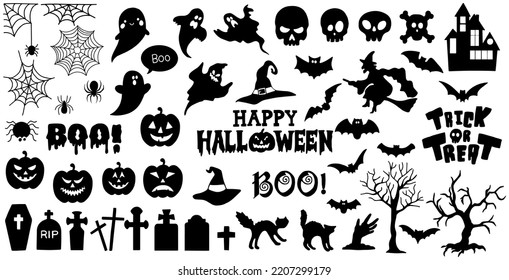Big vector set of silhouette Halloween elements.