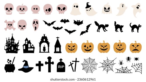 Big vector set of silhouette Halloween elements.