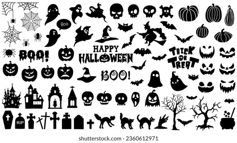 Big vector set of silhouette Halloween elements.