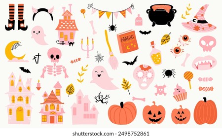 Conjunto de Vector grande de Elementos de Halloween de silueta. Lindo Clipart de Halloween.