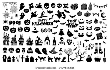 Big vector set of silhouette Halloween elements.