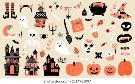 Big vector set of silhouette Halloween elements. Cute Halloween clipart.