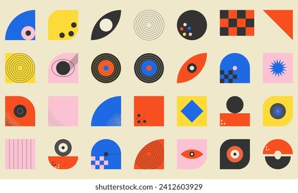 Big vector set of simple abstract geometric shapes. Elements for the design of posters, banners, stickers, packages, prints in a trendy retro style.