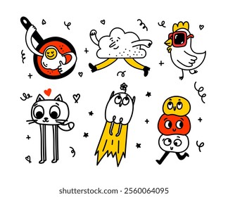 Big vector set of simple doodle minimalistic icons. Hand drawn logos in children's drawings style. Design elements. Cartoon style. Flat design.