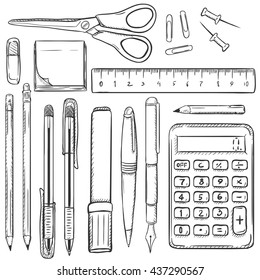 Big Vector Set of Sketch Stationery Items. Eraser, Stickers, Scissors, Ruler, Paper Clips, Drawing Pins,Pencils, Pens, Marker, Calculator. School Supplies. Stationery Mock Up.