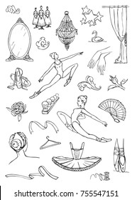 Big vector set of sketches of ballet. Hand drawings on a white background. 
