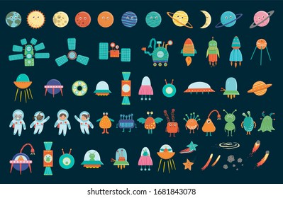 Big vector set of space elements for children. Collection of flat style spaceship, satellite, spacecraft, planets, astronauts, star, ufo, aliens, comet isolated on white background