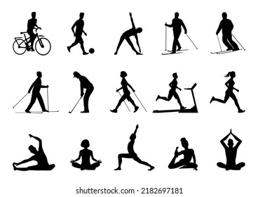 Big vector set of sport people silhouettes. Running, yoga, Nordic walking, golf, football, skiing, gymnastics, fitness. Sports and healthy lifestyle.