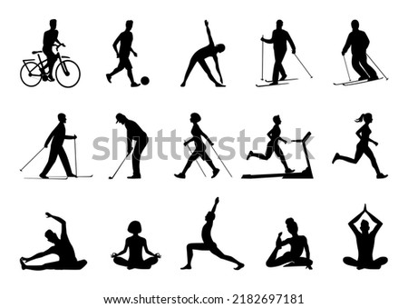 Big vector set of sport people silhouettes. Running, yoga, Nordic walking, golf, football, skiing, gymnastics, fitness. Sports and healthy lifestyle.