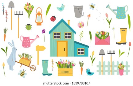 Big vector set of spring and easter holiday elements. Hare with a wheelbarrow, flowers in a wooden box, flowers in envelope and in bucket. Garden tools: watering can, boot, shovel, rake, fence, bugs